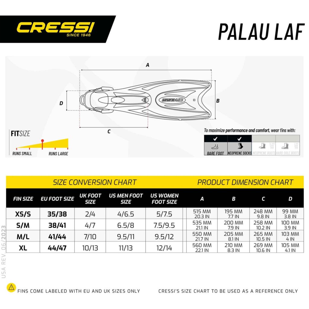 Cressi Palau Adjustable Snorkelling Fins Size Guide