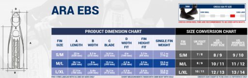 Cressi ARA Fins Size Chart specs