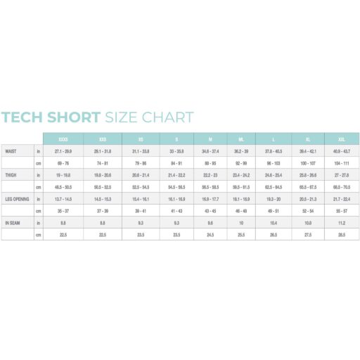 Apeks Tech Shorts Size Chart