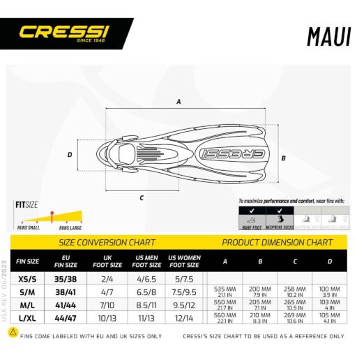 Cressi Maui Fin Size Chart