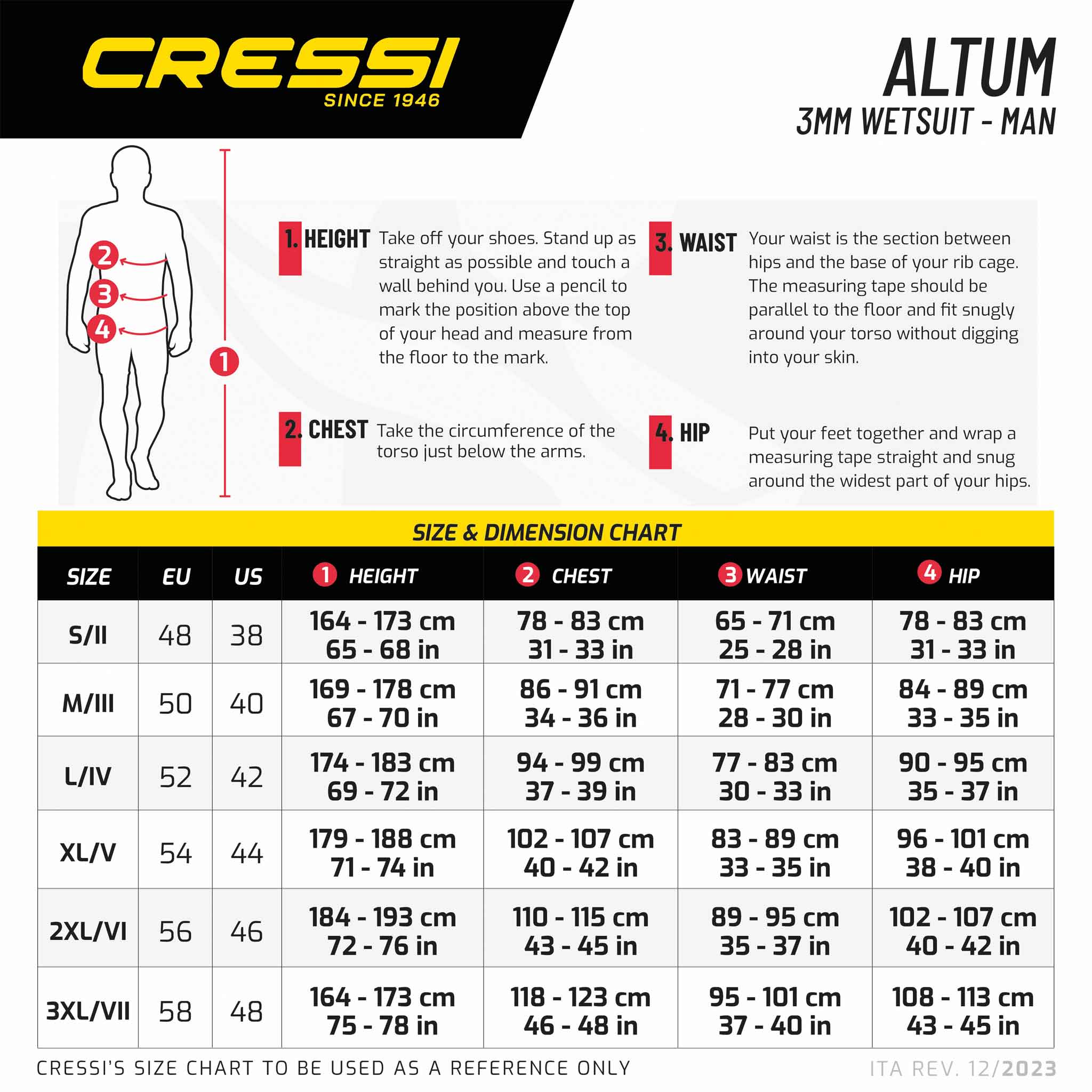 Cressi Altum Shorty Mens Wetsuit 3mm Size chart