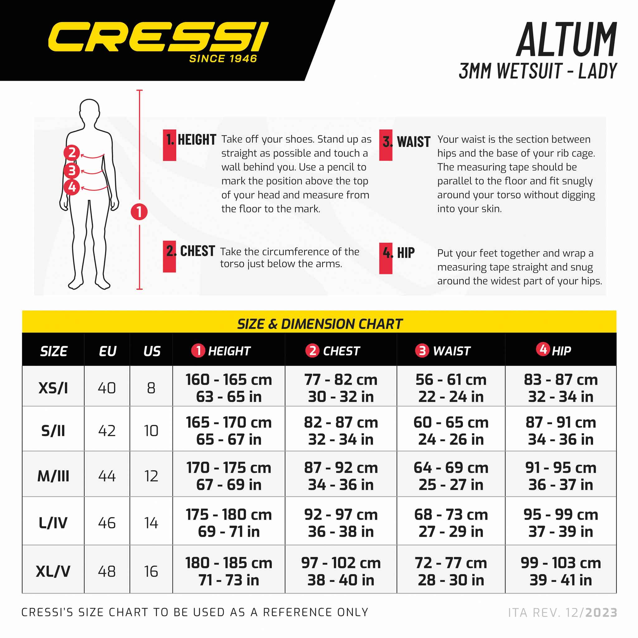 Cressi Altum Shorty Womens Wetsuit 3mm size chart