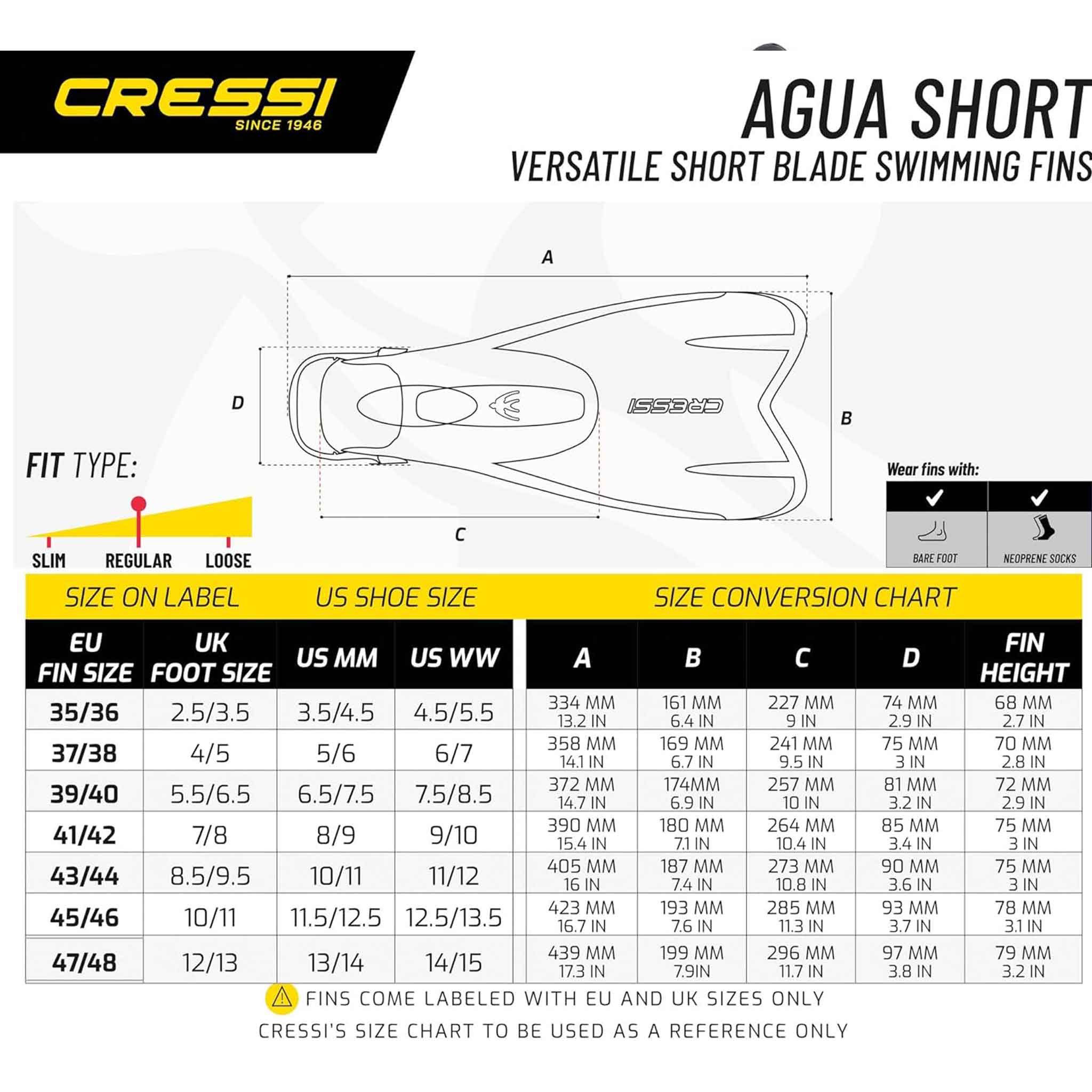 Cressi Aqua Short Swim Fin Full Size Chart