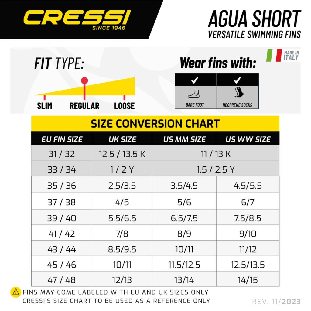 Cressi Aqua Short Swim Fin Size Chart