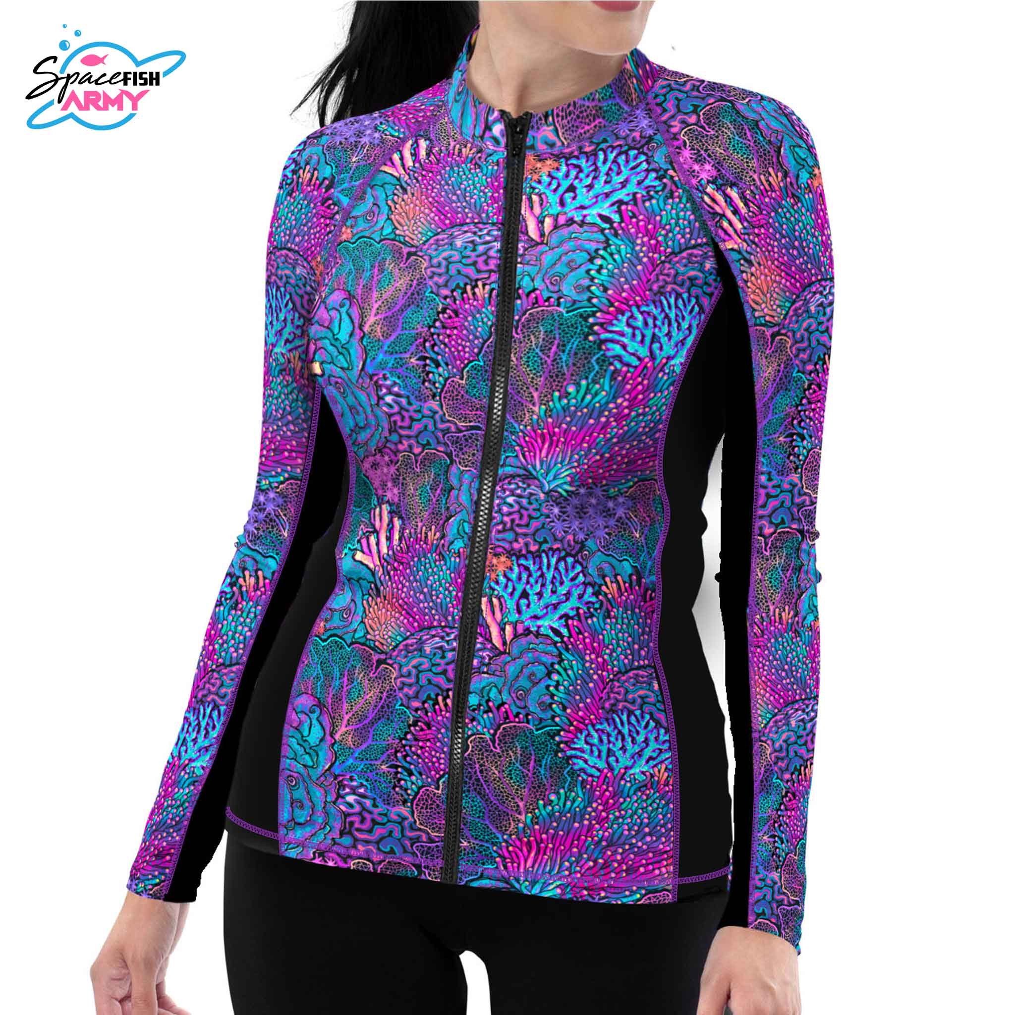 Spacefish Army Full-Zip Coral Kaleidoscope Rash Guard