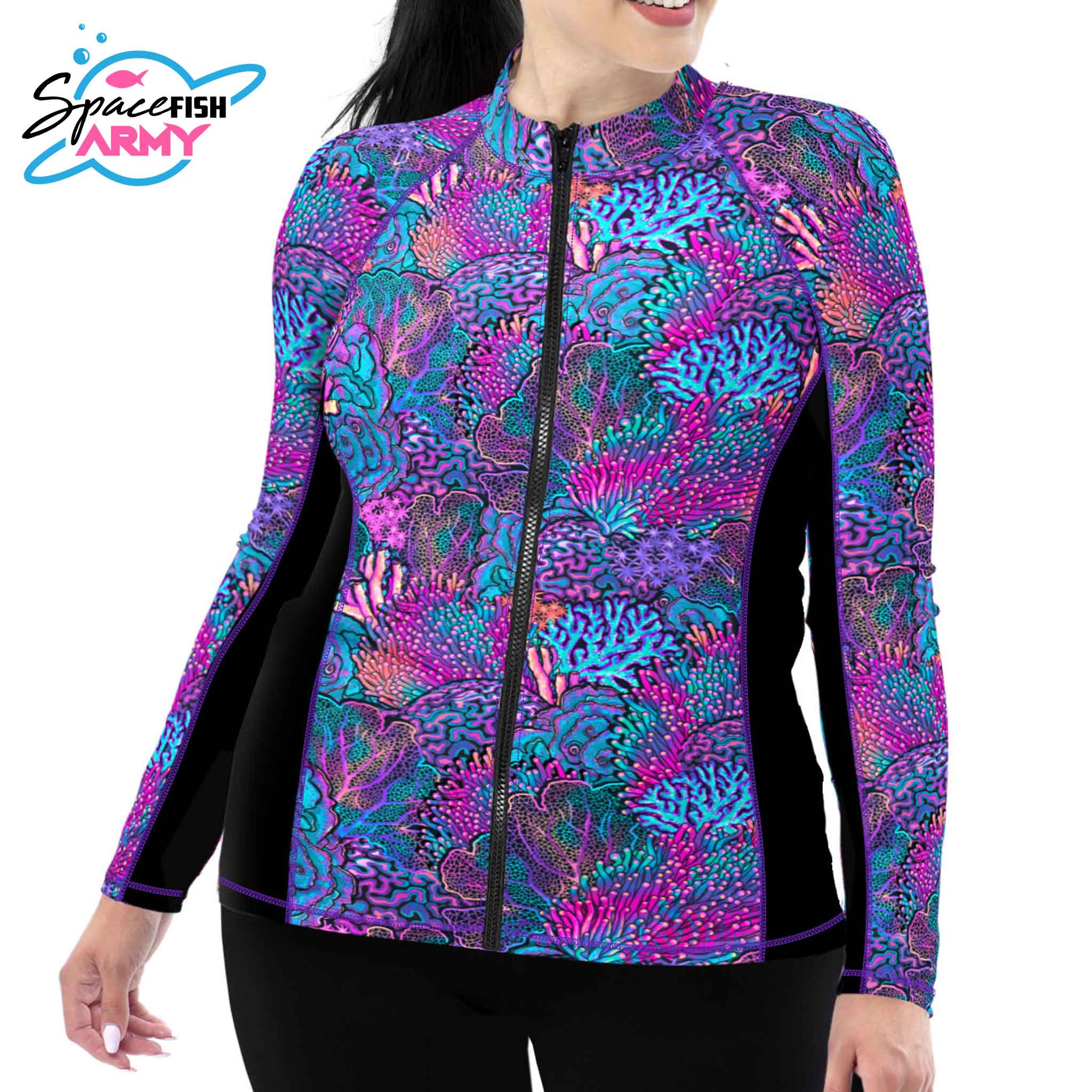 Spacefish Army Plus Size Full-Zip Coral Kaleidoscope Rash Guard