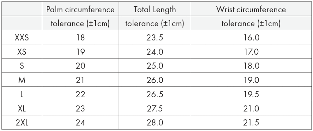 TUSA Winter Glove 3mm Size Chart